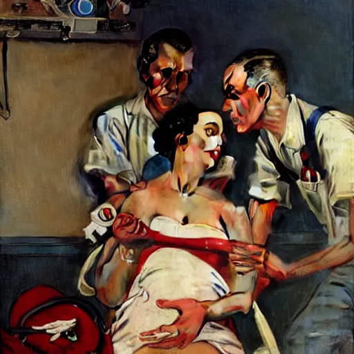 Image similar to katy perry as a nurse, she is giving a patient mouth to mouth resuscitation, oil painting by norman rockwell,