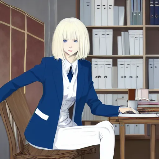 Image similar to platinum - blonde - haired long bob cut blue - eyed princess wearing white leggings and black jacket, sitting in bolshevik office, anime hd, highly detailed, hyperrealistic lighting