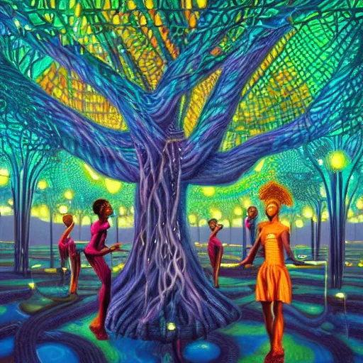 Prompt: african women dancing around a glowing, energized, steampunk neon portal near the electric tree of life in a lightning storm, by alan kenny, evgeni gordiets, dan mumford, and amanda sage. oil on canvas, detailed and intricate environment, dim lighting, rim lighting. highly detailed. masterpiece