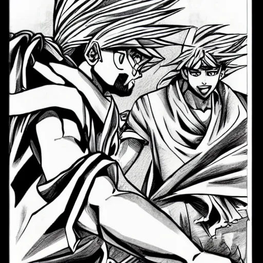 Image similar to manga drawing of jesus, goku fighting jesus