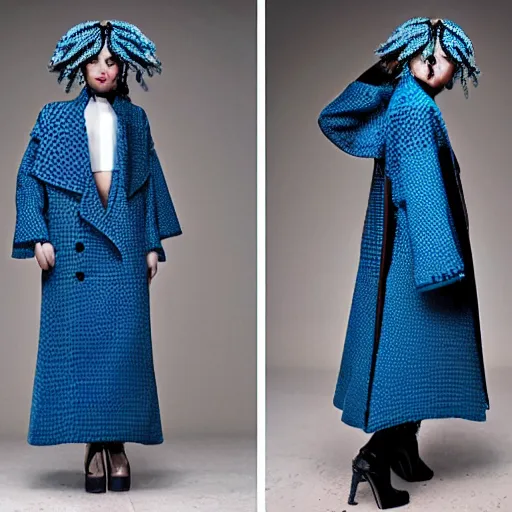 Image similar to fashion 2 0 5 0 fantastic openwork long coat with intricate pattern on a beautiful symmetrical girl with blue hair, hyper realistic photos