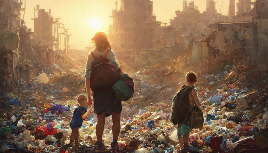 Image similar to poor detailed mom with child with backpack looking for food at garbage dump, city is pure wasteland, sunset in background, detailed characters, alphonse mucha, greg rutkowski, trending on artstation, artgerm, breathtaking, sharp focus, smooth, mark arian, award winning, highly detailed 4 k art