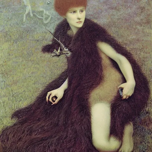 Image similar to And what rough beast, its hour come round at last, slouches towards Bethlehem to be born?, painted by Fernand Khnopff