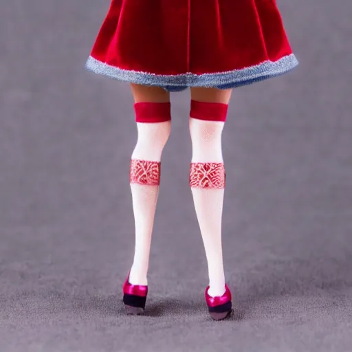 Image similar to anime barbie doll, 5 dolls in one photo, in red velvet stockings, a nurse's dress, full length, heels on her feet