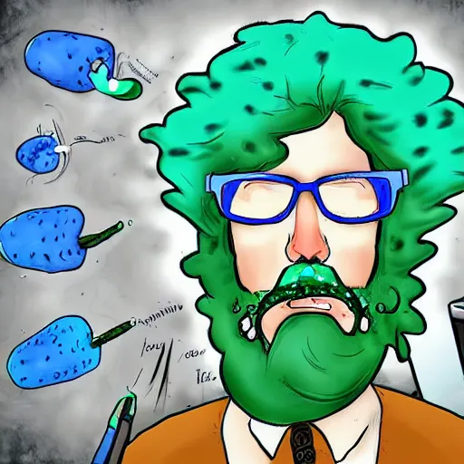 Image similar to drunk scientist called rick whit blue hair turning him self into a pickle during an experiment, digital art