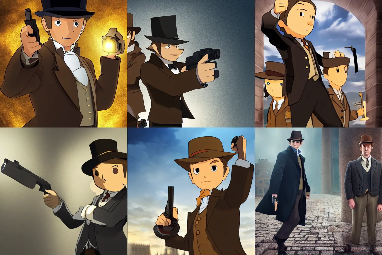 Prompt: professor layton holding a gun, realistic 4k photograph, low angle, wide shot, fast shutter speed, backlighting, in the style of james bond and sherlock holmes