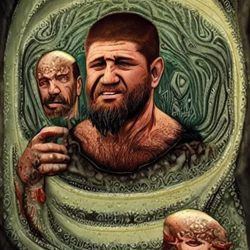 Image similar to ramzan kadyrov became bloody ugly lovecraftian degenerate abomination, photo - realistic, color image, 2 k, highly detailed, bodyhorror, occult art