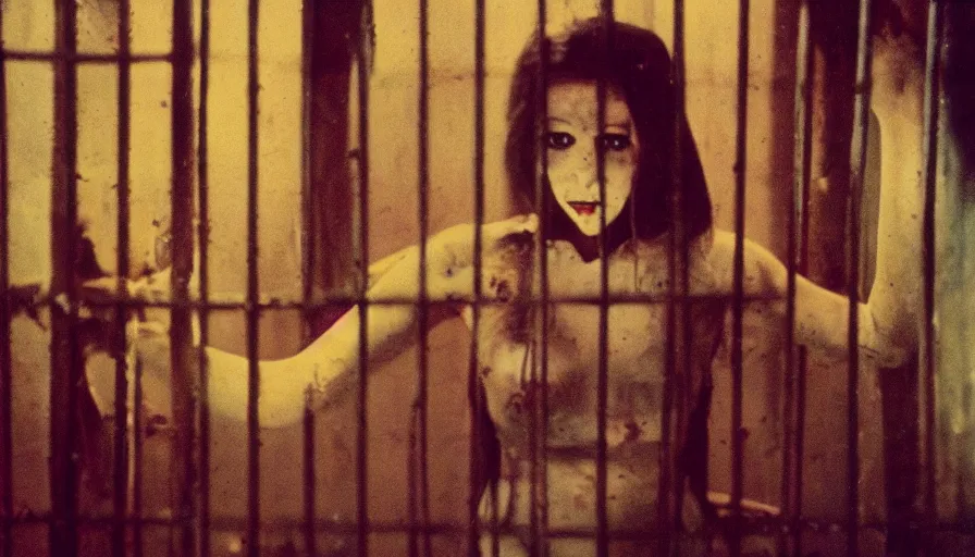 Prompt: 7 0 s film still from a horror movie featuring a beautiful woman in a cage, kodachrome, cinecolor, cinestill, film grain, film texture, retro, cinematic, high resolution, photorealism,