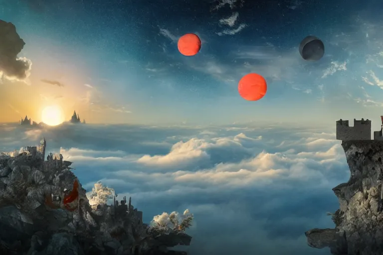 Prompt: a castle above the clouds, sunset, celestial birds, upside down waterfall of blood, mini planets, toumas korpi