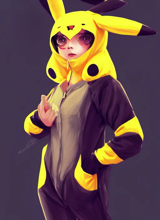 Image similar to a portrait of a girl in pikachu kigurumi, grim - lighting, high - contrast, intricate, elegant, highly detailed, digital painting, artstation, concept art, smooth, sharp focus, illustration