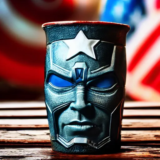 Image similar to a closeup photorealistic photograph of a glossy captain america style tiki mug sitting at an outdoor trader vic's bar featuring captain america's face. tiki theme. bright scene. fine detail. this 4 k hd image is trending on artstation, featured on behance, well - rendered, extra crisp, features intricate detail, epic composition and the style of unreal engine.