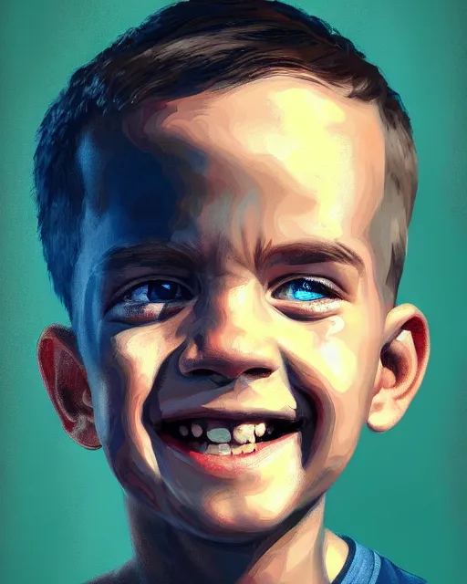 Image similar to painting, of smiling boy, shards of time, face portrait, centered portrait, medium full shot, illustration, highly detailed, simple, no jagged lines, smooth, artstation, artwork by obey, artwork by sandra chevrier