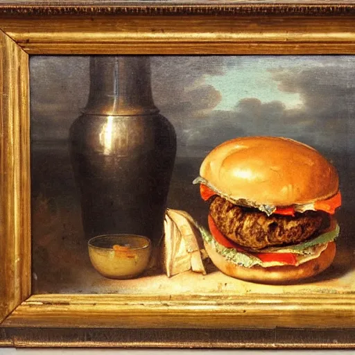 Prompt: a man, hamburger and french fried in still life. dutch masters, 1 8 th century, oil on canvas