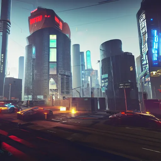 Image similar to Open world GTA-like cyberpunk game, futuristic city, HUD, screenshot, Unreal Engine 5