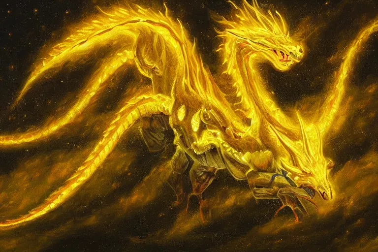 Prompt: A beautiful, highly detailed, very realistic, very vibrant, oil painting of a huge ancient Lightning Dragon with lots of light yellow scales flying around clouds glowing bright yellow in the middle of the pitch black sky during a huge lightning storm, in the middle of the night. Light yellow, and bright yellow color scheme, realistic.