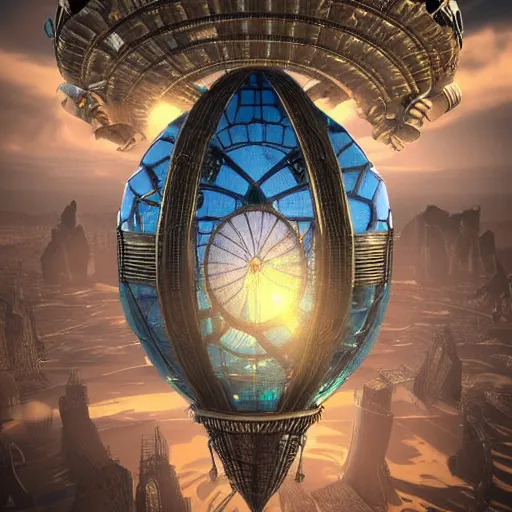 Image similar to enormous flying city in a faberge egg, sky, steampunk, fantasy art, unreal engine,