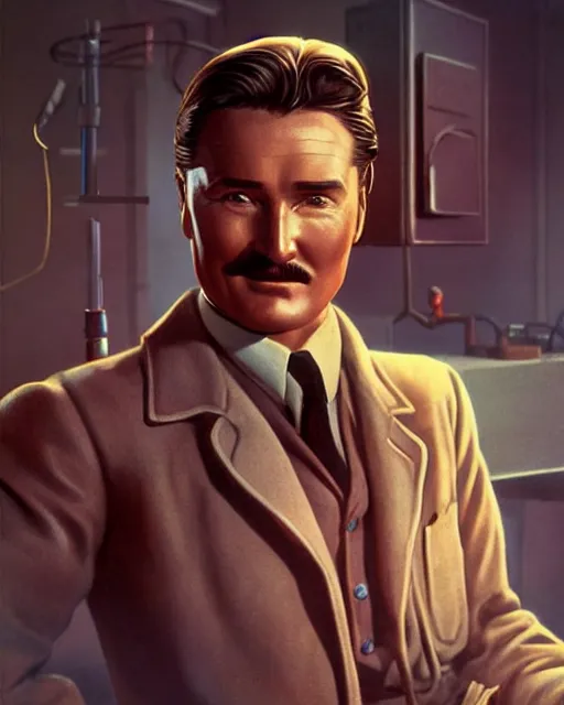 Prompt: Errol Flynn as a scientist. 1980s dystopian Soviet Russia, propaganda screens. Unreal engine, fantasy art by Betty Jiang. Faithfully depicted facial expression, perfect anatomy global illumination, radiant light, detailed and intricate environment