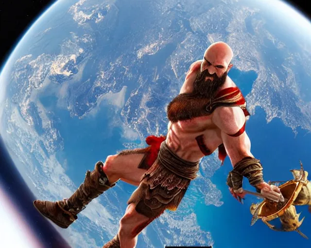 Image similar to kratos from the god of war videogame eating a whole lobster in the international space station