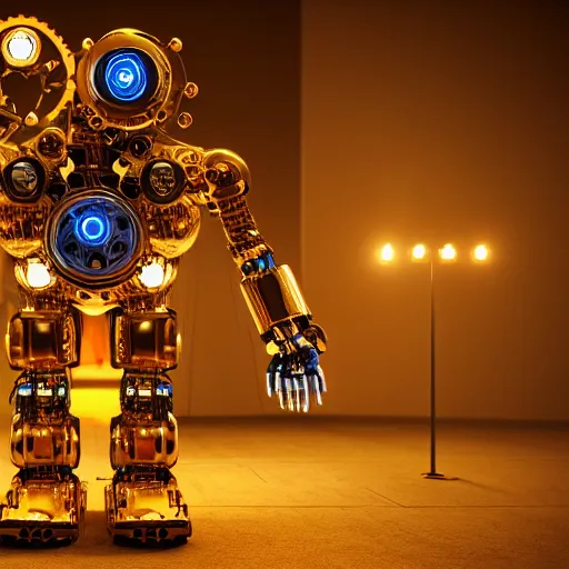 Image similar to a sitting golden and blue metal humanoid steampunk robots wearing and gears and tubes, head is bowed in sadness, eyes are glowing red lightbulbs, shiny crisp finish, 3 d render, 8 k, insaneley detailed, fluorescent colors