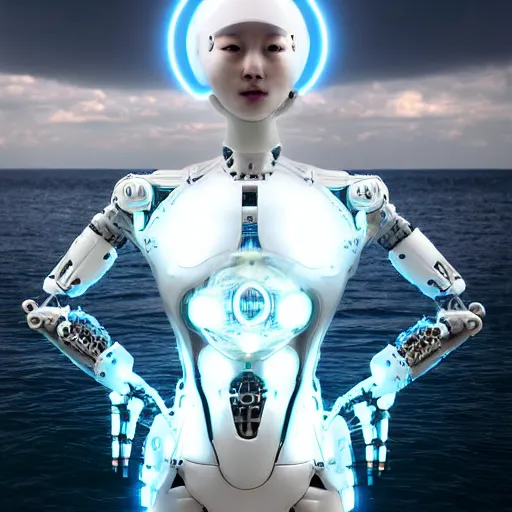 Prompt: beautiful centered Fine art photo portrait of HoYeon Jung as a solarpunk robotic humanoid treading on water, white mechanical parts with led lights, photorealistic, white background, highly detailed and intricate, sun lighting, HDR 8k