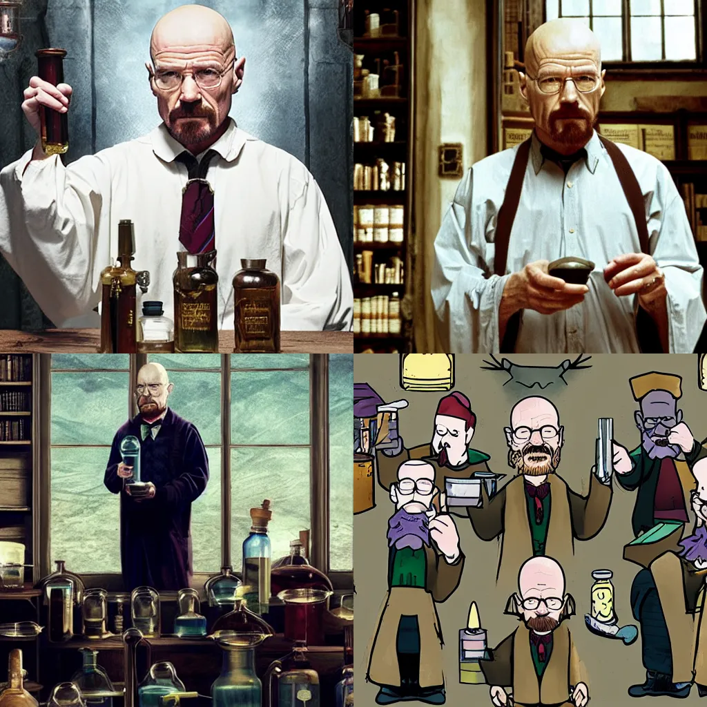 Prompt: walter white as a potions class teacher at hogwarts school of wizardry, lots of potions in flasks, students, 4K high quality