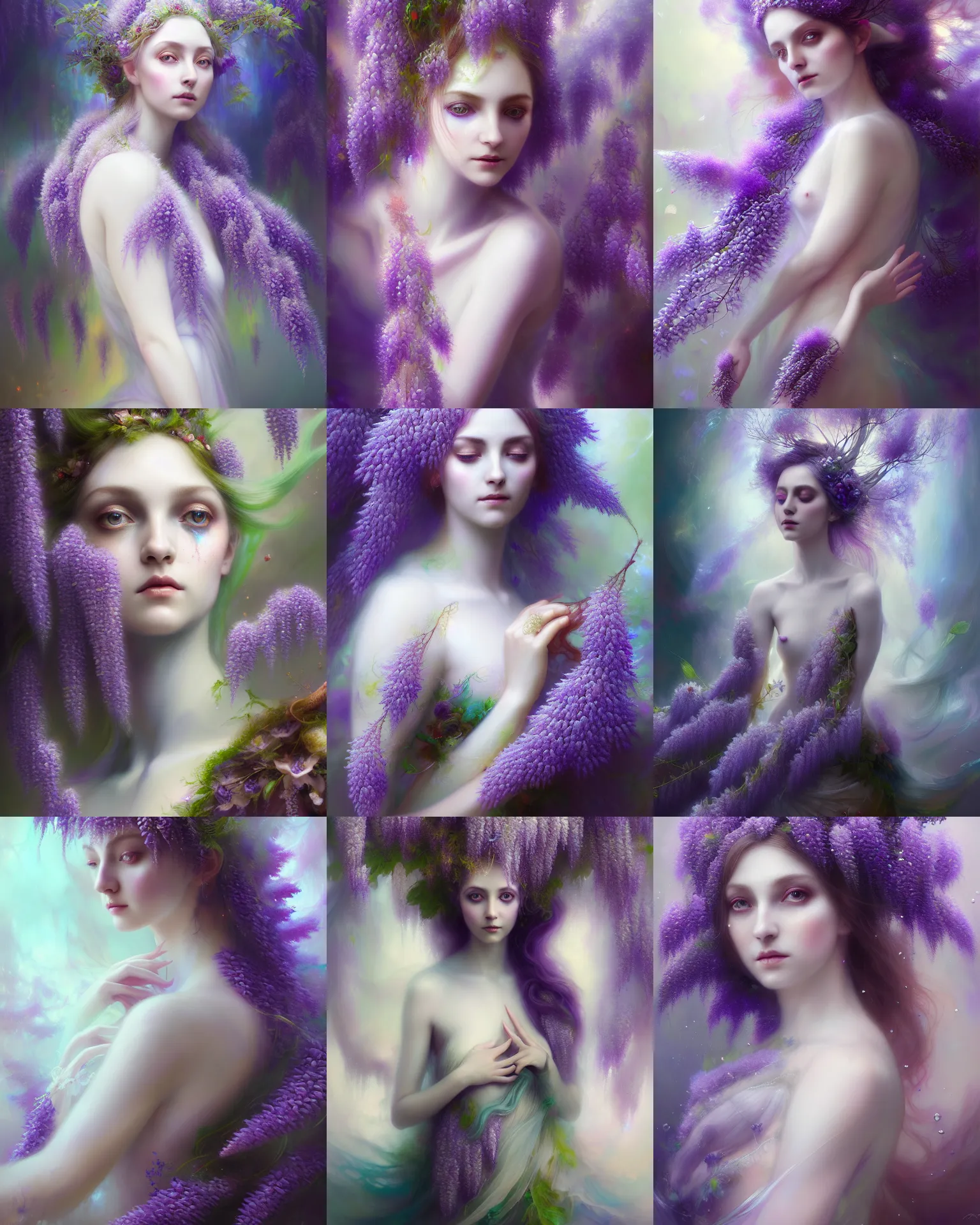 Image similar to Full View Portrait Mystical ethereal wisteria deity wearing beautiful dress, wisteria Dryad, 4k digital masterpiece by Anna dittman and Ruan Jia and Alberto Seveso, fantasycore, Hyperdetailed, realistic oil on linen, soft lighting, wisteria background, featured on Artstation