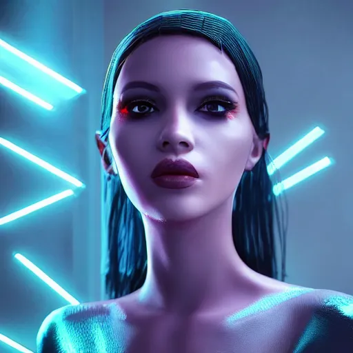 Image similar to “photo portrait the most beautiful alien girl in the world. I can’t believe how she’s beautiful. She is in gorgeous haut couture dresses. Unreal engine 5. Cyberpunk. Synthwave. Artstation. 8K. Hyperdatailed portrait”