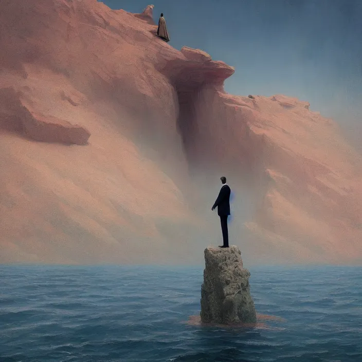 Prompt: a beautiful painting of a headless, armless man in a suit stands on the red sea by greg rutkowski and zdzisław beksinski and rene magritte, in style of digital art. hyper detailed, sharp focus, soft light. unreal engine 5. ray tracing. trending on artstation