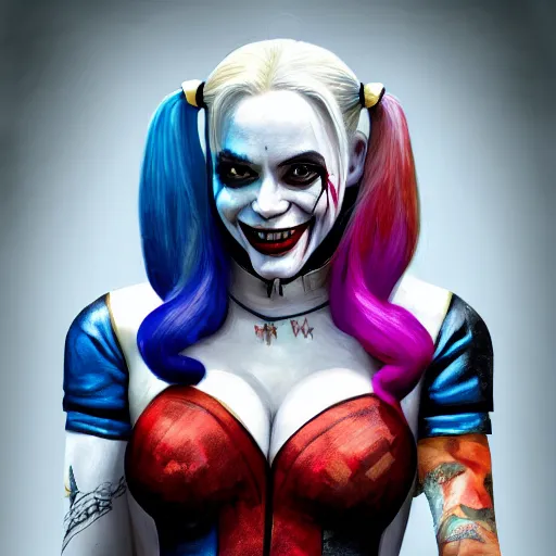 Prompt: Harley Quinn from the suicide squad, smiling, portrait, fantasy, medieval, beautiful face, vivid colrs, elegant, concept art, sharp focus, digital art, Hyper-realistic, 4K, Unreal Engine, Highly Detailed, HD, Dramatic Lighting by Brom, trending on Artstation