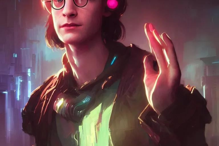 Image similar to portrait of cyborg Harry Potter in cyberpunk, neon lighting, portrait in center, digital art from artstation by Ruan Jia and Mandy Jurgens and Artgerm and william-adolphe bouguereau and Greg Rutkowski and Wayne Barlowe