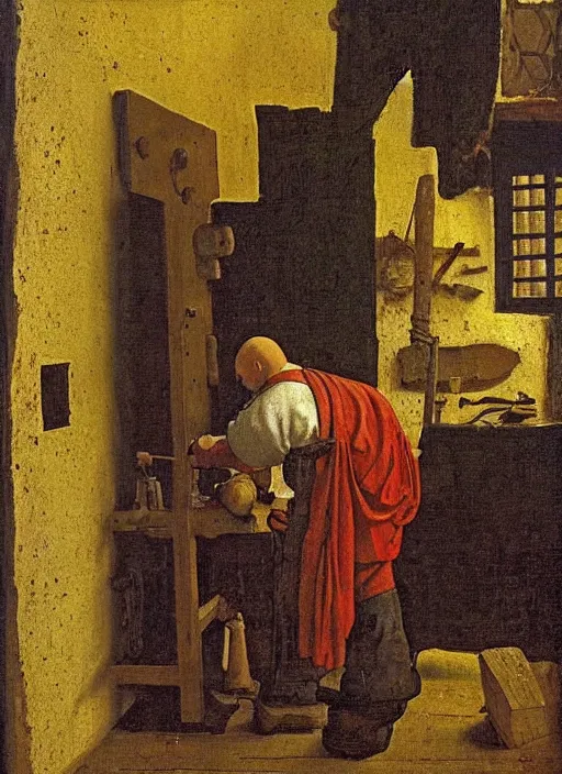 Image similar to A bald blacksmith, with a long dark beard in a forge, medieval forge, medieval painting by Jan van Eyck, Johannes Vermeer, Florence
