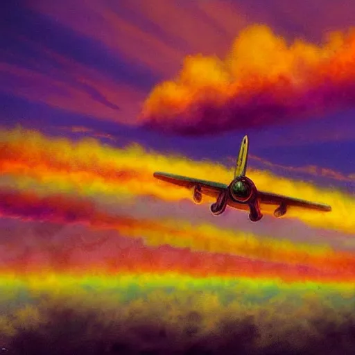 Prompt: a wwii plane flying throw the sky, beautiful colourful clouds illuminated by a purple sun, and a orange sun, trippy clouds, psychedelic sky, colourful by craig mullins