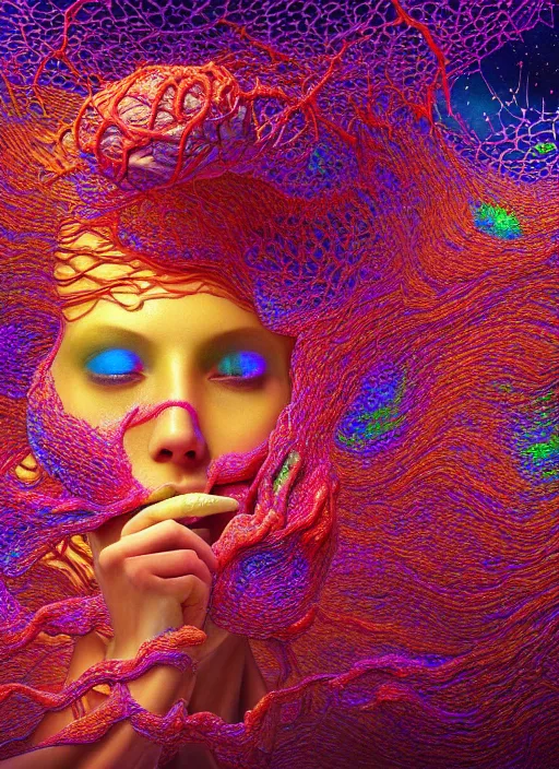 Image similar to hyper detailed 3d render like a Oil painting - Aurora (Singer) seen Eating of the Strangling network of yellowcake aerochrome and milky Fruit and Her delicate Hands hold of gossamer polyp blossoms bring iridescent fungal flowers whose spores black the foolish stars by Jacek Yerka, Mariusz Lewandowski, Houdini algorithmic generative render, Abstract brush strokes, Masterpiece, Edward Hopper and James Gilleard, Zdzislaw Beksinski, Mark Ryden, Wolfgang Lettl, hints of Yayoi Kasuma, octane render, 8k