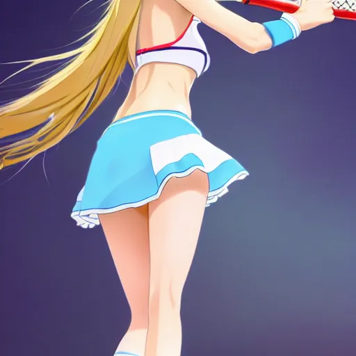 Prompt: a very beautiful young anime tennis girl, full body, long wavy blond hair, sky blue eyes, full round face,, bikini, miniskirt, front view, mid - shot, highly detailed, cinematic wallpaper by wlop