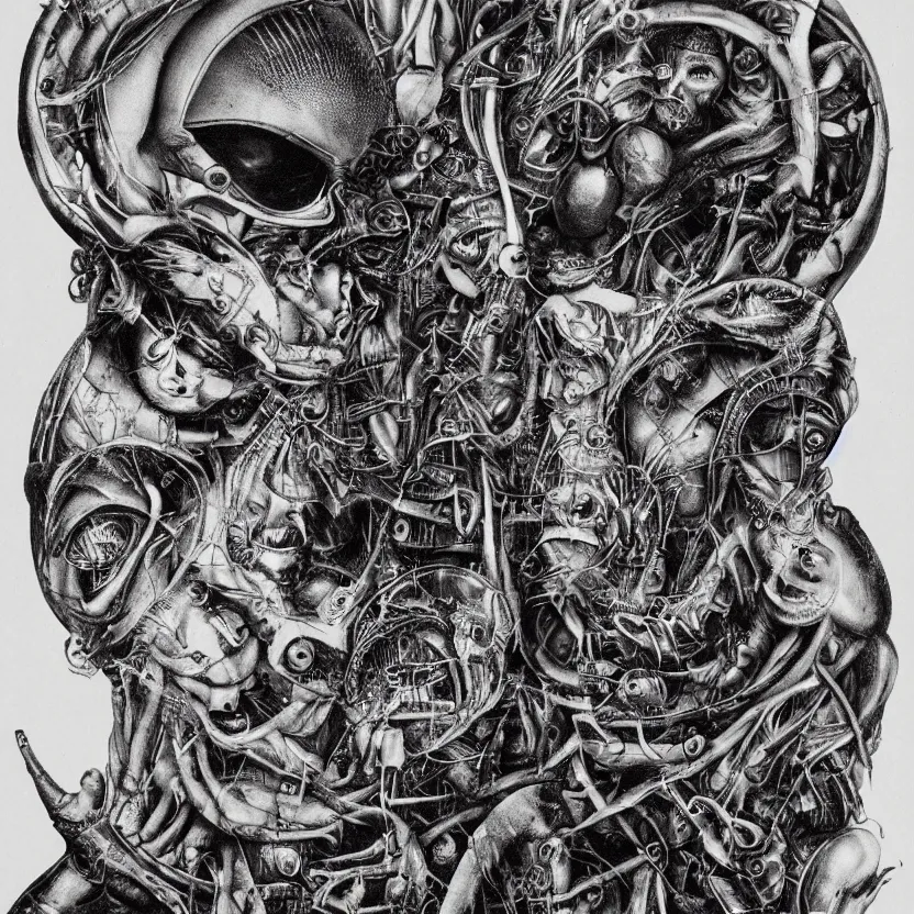 Image similar to post - punk pop techno new age album cover, asymmetrical design, alien? magic, apocalypse, psychedelic, highly detailed, black white pink, magic, giger h. r., giuseppe arcimboldo