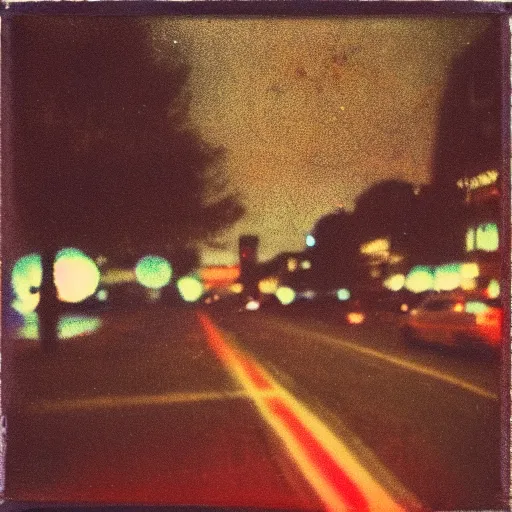 Image similar to colorful instant photograph of the middle of the street at night, polaroid, light leak, raw, nostalgic