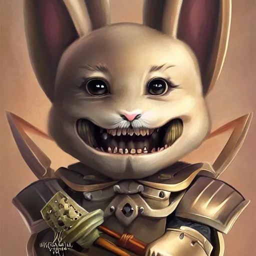 Prompt: a cute rabbit knight, big smile, cute teeth, cute face, digital painting byRoss Tran and Mark Ryden, cute and lovely, high detail, nursery poster