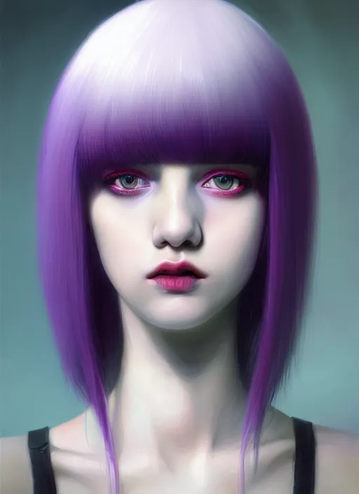 Image similar to hair whitebangs hair, black hair, whitebangs, portrait of teenage girl with white bangs, red irises, purple clothes, white bangs, bangs are different color from hair, intricate, elegant, glowing lights, highly detailed, digital painting, artstation, concept art, smooth, sharp focus, illustration, art by wlop, mars ravelo and greg rutkowski