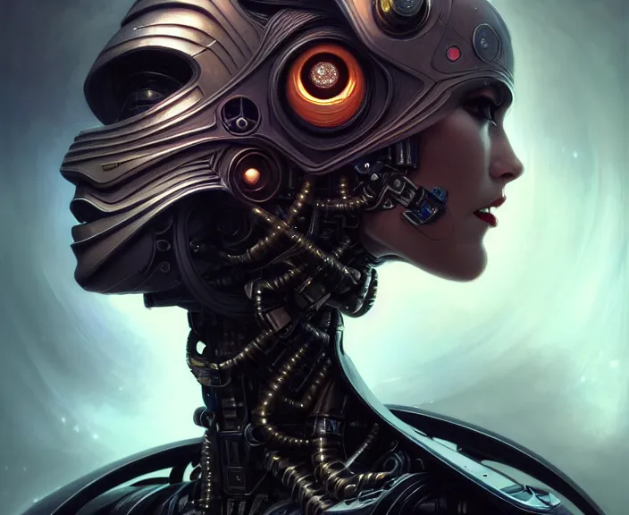 Image similar to portrait shot of a cyberpunk robot woman, dark background, intricate, elegant, highly detailed, centered, digital painting, artstation, concept art, smooth, sharp focus, illustration, artgerm, tomasz alen kopera, peter mohrbacher, donato giancola, joseph christian leyendecker, wlop, boris vallejo