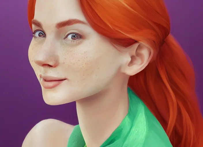 Image similar to portrait of a beautiful smiling girl with orange hair and freckles, green eyes, elegant. highly detailed, digital painting, artstation, concept art, smooth, sharp, focus, illustration. background is purple, art by Lera Kiryakova