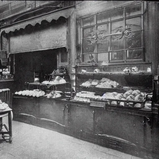 Prompt: nineteenth century, paris bakery interior, montmartre, photograph, style of atget, old, creepy