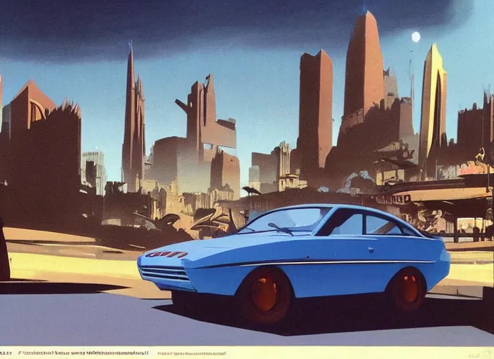 Prompt: a sedan car in a city. style by frank frazetta, peter elson, and eyvind earle.