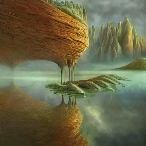 Image similar to artistic digital artwork of an epic natural scene on an alien planet. beautiful landscape by vincent bons, michael whelan, remedios varo and gerardo dottori. grainy and rough. interesting pastel colour palette. beautiful light. oil and water colour based on high quality render.