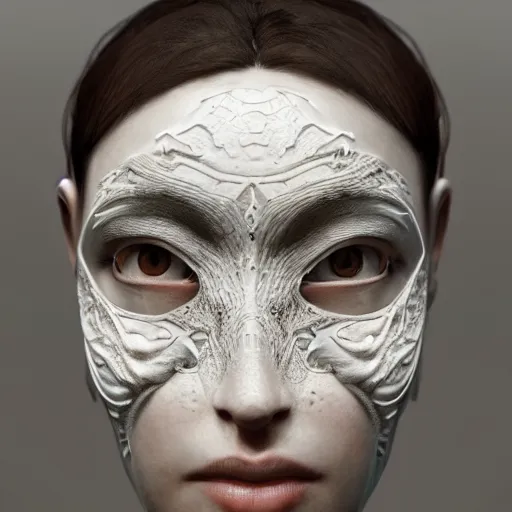 Image similar to Very very very very highly detailed epic photo of beautiful face with porcelain mask, intricate, dystopian, sci-fi, extremely detailed, digital painting, artstation, concept art, smooth, sharp focus, illustration, intimidating lighting, incredible art by Anton Pieck, Octane render in Maya and Houdini VFX