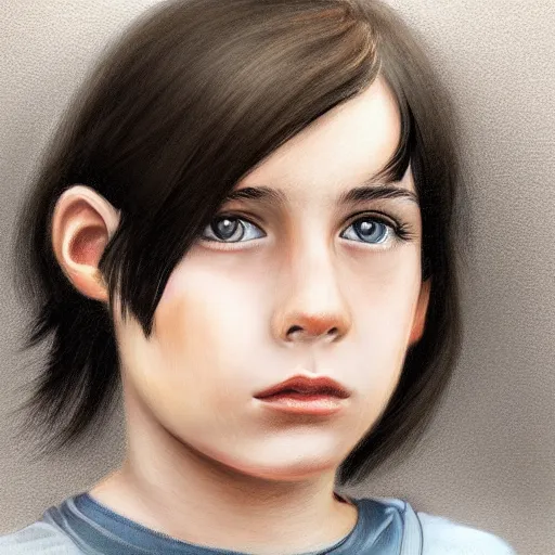 Prompt: a digital portrait of a 13 year old with black hair,hazel green eyes, drawn in the style of mark Arian