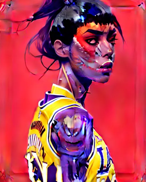 Image similar to a ultradetailed beautiful panting of a stylish woman in a lakers jersey, by conrad roset, greg rutkowski and makoto shinkai, trending on artstation