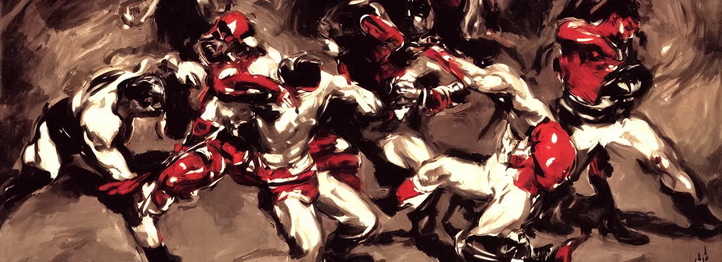 Prompt: clear and very detailed fight scene quarter portrait, sad faces on a daredevil punching the punisher by john singer sargent