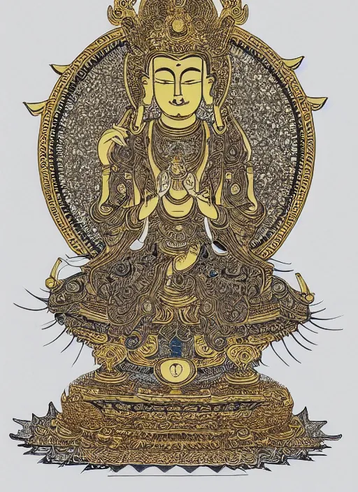 Image similar to detailed pen illustration of an anthropomorphic asian black bears head on Buddhist bodhisattva body, seated in royal ease, 0.1 black micron pen, gilded gold halo behind head, highly detailed, fine pen work, religious iconography, white background