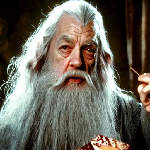 Image similar to portrait of gandalf, pink bowtie in his long white hair, holding a blank playing card up to the camera, movie still from the lord of the rings