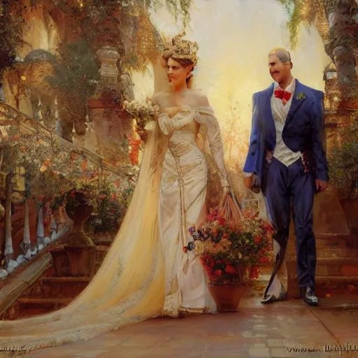 Image similar to detailed painting of prince william marrying attractive gigi hadid, highly detailed painting by gaston bussiere, craig mullins, j. c. leyendecker 8 k, 4 k, smiling couple, royal painting, human face, watercolor